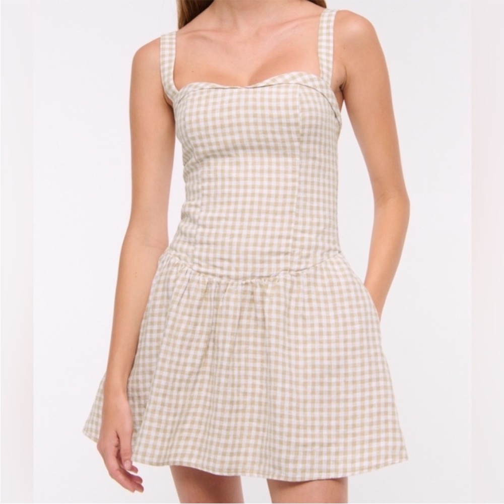 Abercrombie and Fitch premium linen drop waist dress gingham tan NWT